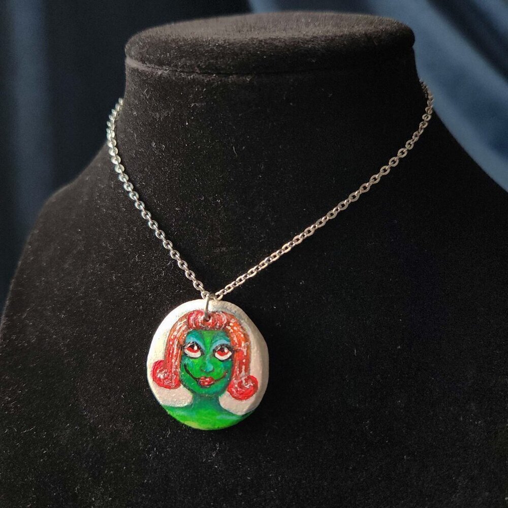 Unique colourful green witch pendant on a dainty silver chain